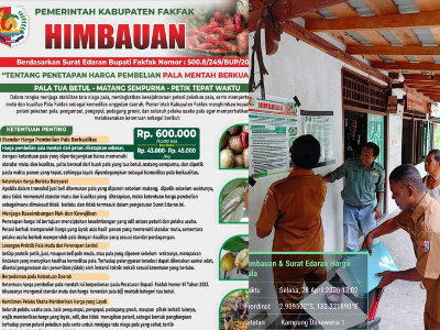 Dinas Perkebunan Fakfak gencar pemasangan pamflet himbauan Surat Edaran Bupati Fakfak Nomor 500.8/249/BUP/2026 tentang Penetapan Harga Pembelian Pala Mentah di lokasi usaha para pelaku perdagangan pala.