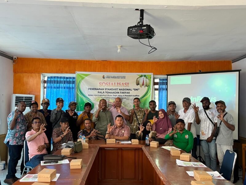 Kepala Dinas Perkebunan Fakfak Widhi Asmoro Jati, ST, MT., menggelar sosialisasi sekaligus penyusunan penerapan Standar Nasional Indonesia (SNI) untuk Pala Tomandin Fakfak bersama Sebanyak 45 peserta hadir, terdiri dari petani, kelompok tani, pengumpul, pengepul, hingga perwakilan masyarakat perlindungan indikasi geografis Pala Tomandin Fakfak.